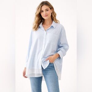 Johnny Was Oversized Striped Button Down Shirt  Chiffon Hem